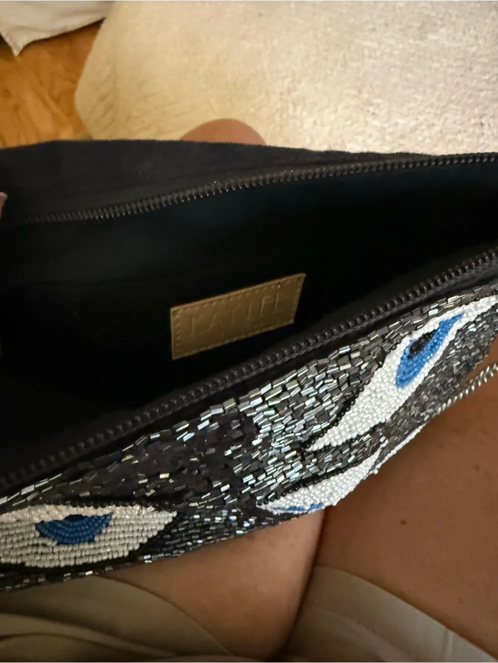 Kaylee New York Beaded Eye Pattern Crossbody Bag in Blue and White